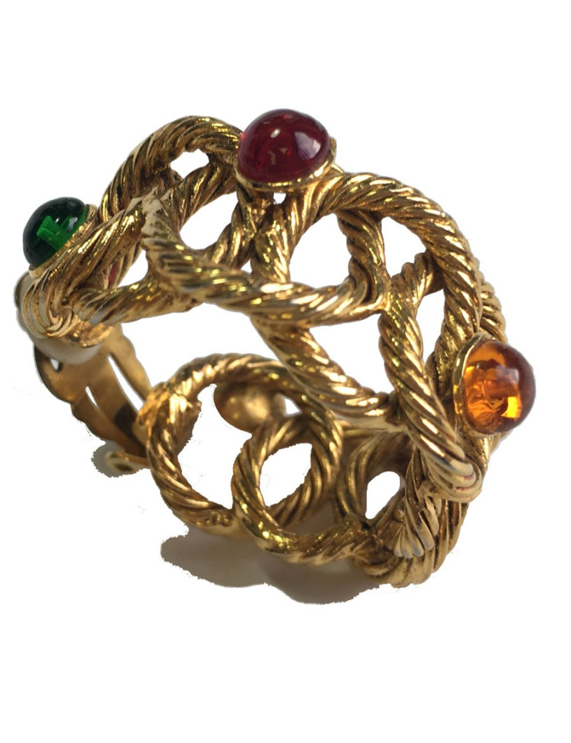 Boucles d'oreille clips créoles en métal torsadé doré et perles de couleurs