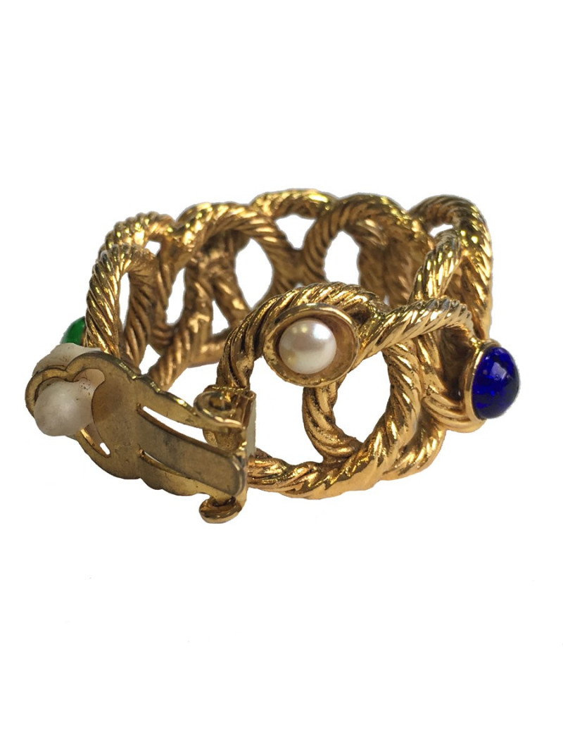 Boucles d'oreille clips créoles en métal torsadé doré et perles de couleurs