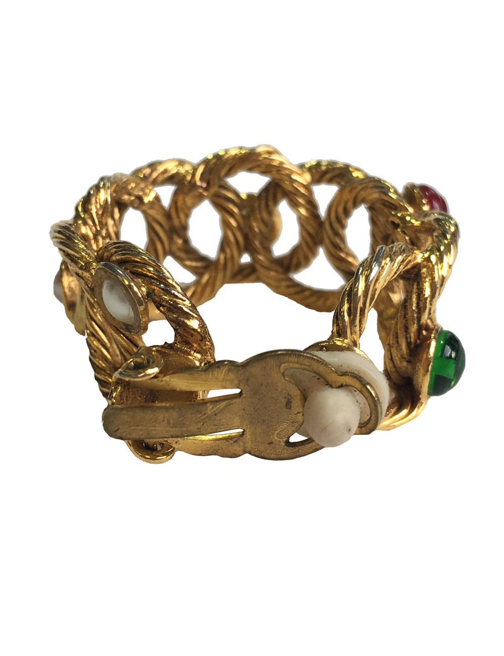 Boucles d'oreille clips créoles en métal torsadé doré et perles de couleurs