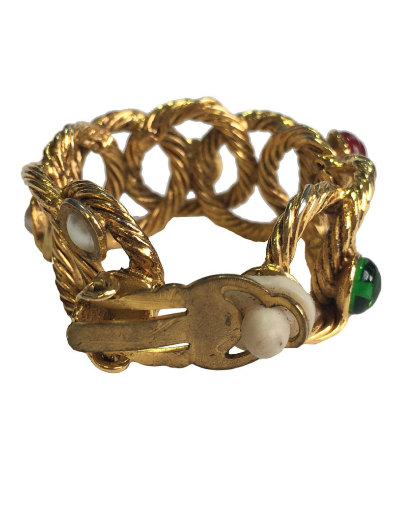 Boucles d'oreille clips créoles en métal torsadé doré et perles de couleurs