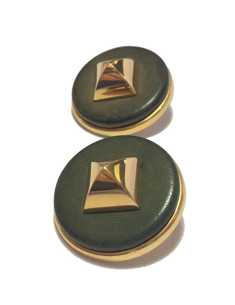 HERMES Medor vintage khaki leather and gilded metal clips earrings