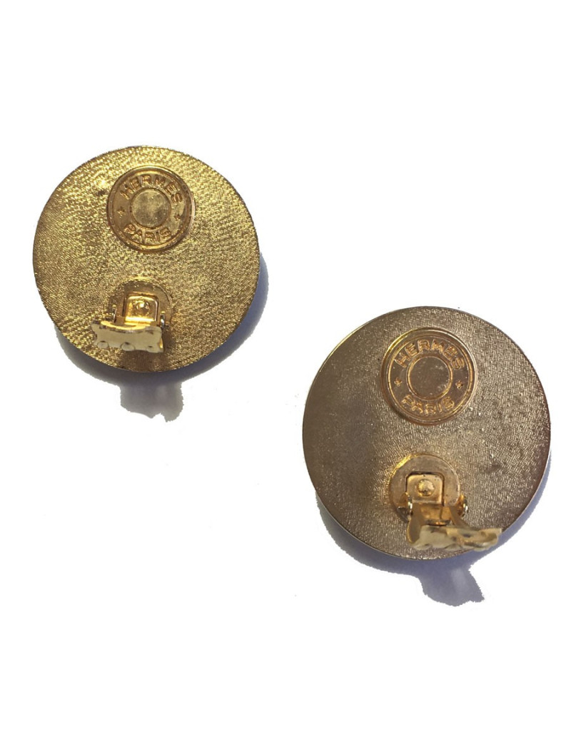 HERMES Medor vintage khaki leather and gilded metal clips earrings