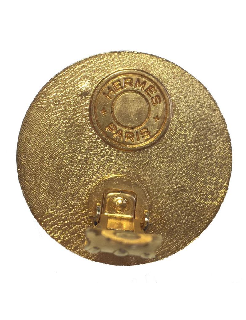 HERMES Medor vintage khaki leather and gilded metal clips earrings