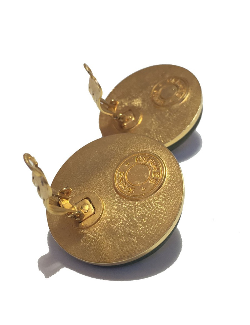 HERMES Medor vintage khaki leather and gilded metal clips earrings