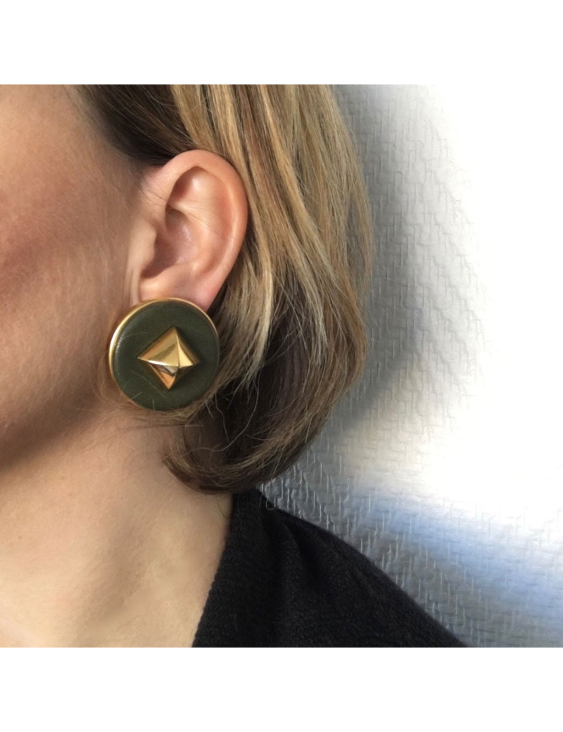 HERMES Medor vintage khaki leather and gilded metal clips earrings