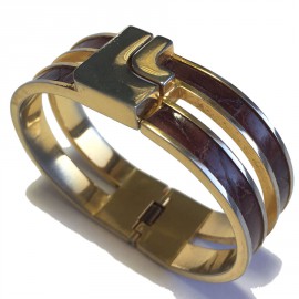 Bracelet LOEWE rigide en métal doré et cuir marron