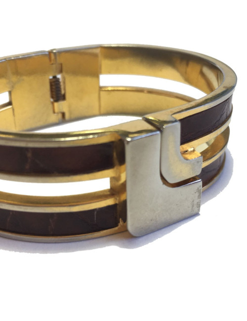 Bracelet LOEWE rigide en métal doré et cuir marron