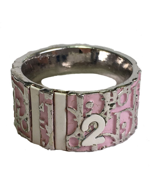 Bague DIOR monogram en métal argenté et émail rose T55