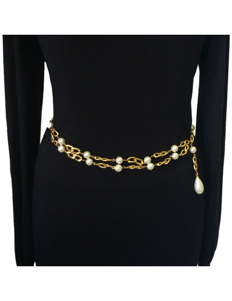 Ceinture  sautoir CHANEL vintage en perles nacrées et métal doré