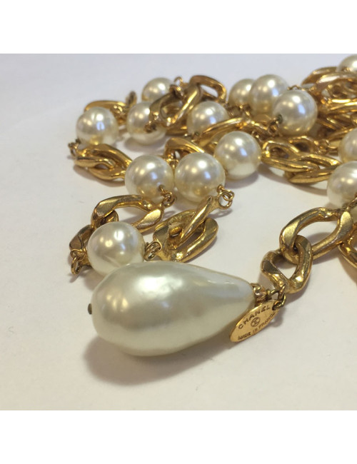 Ceinture  sautoir CHANEL vintage en perles nacrées et métal doré