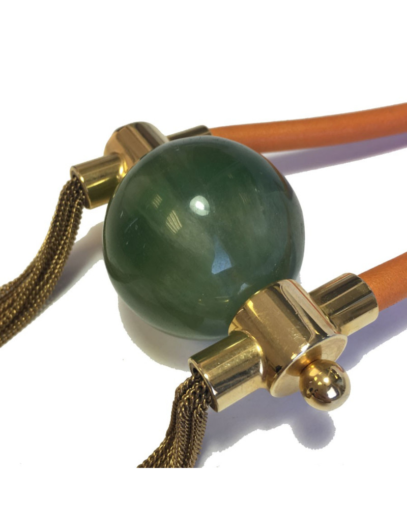 Orange leather, gold metal and green stone pendant necklace
