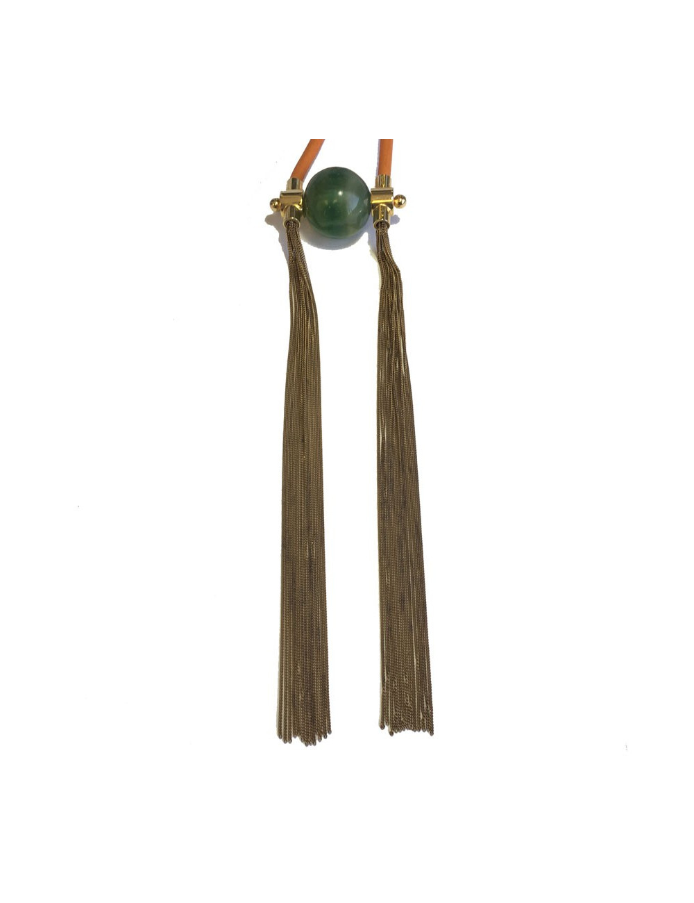 Orange leather, gold metal and green stone pendant necklace