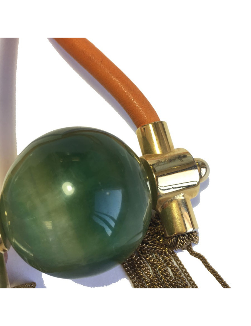 Orange leather, gold metal and green stone pendant necklace