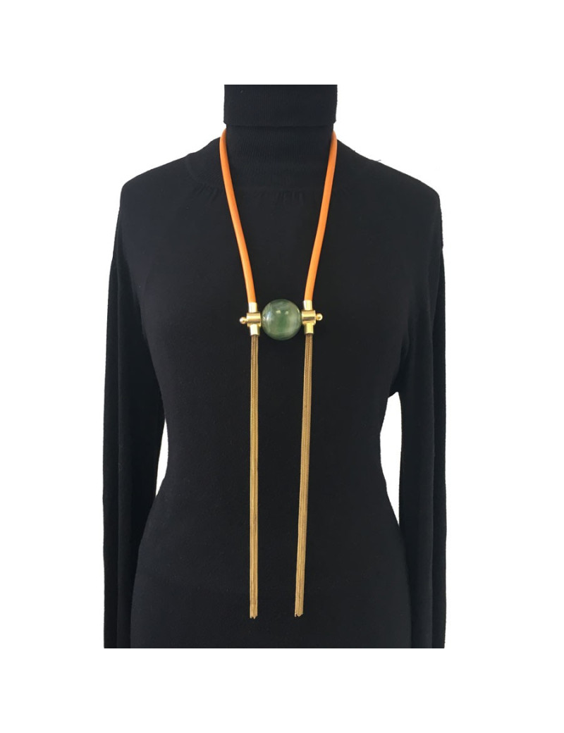 Orange leather, gold metal and green stone pendant necklace
