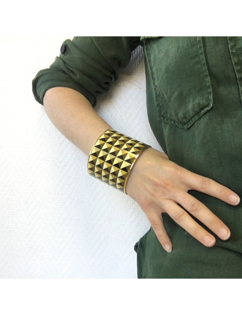 Manchette HERMES méga large en émail or, noir, kaki finition plaqué or
