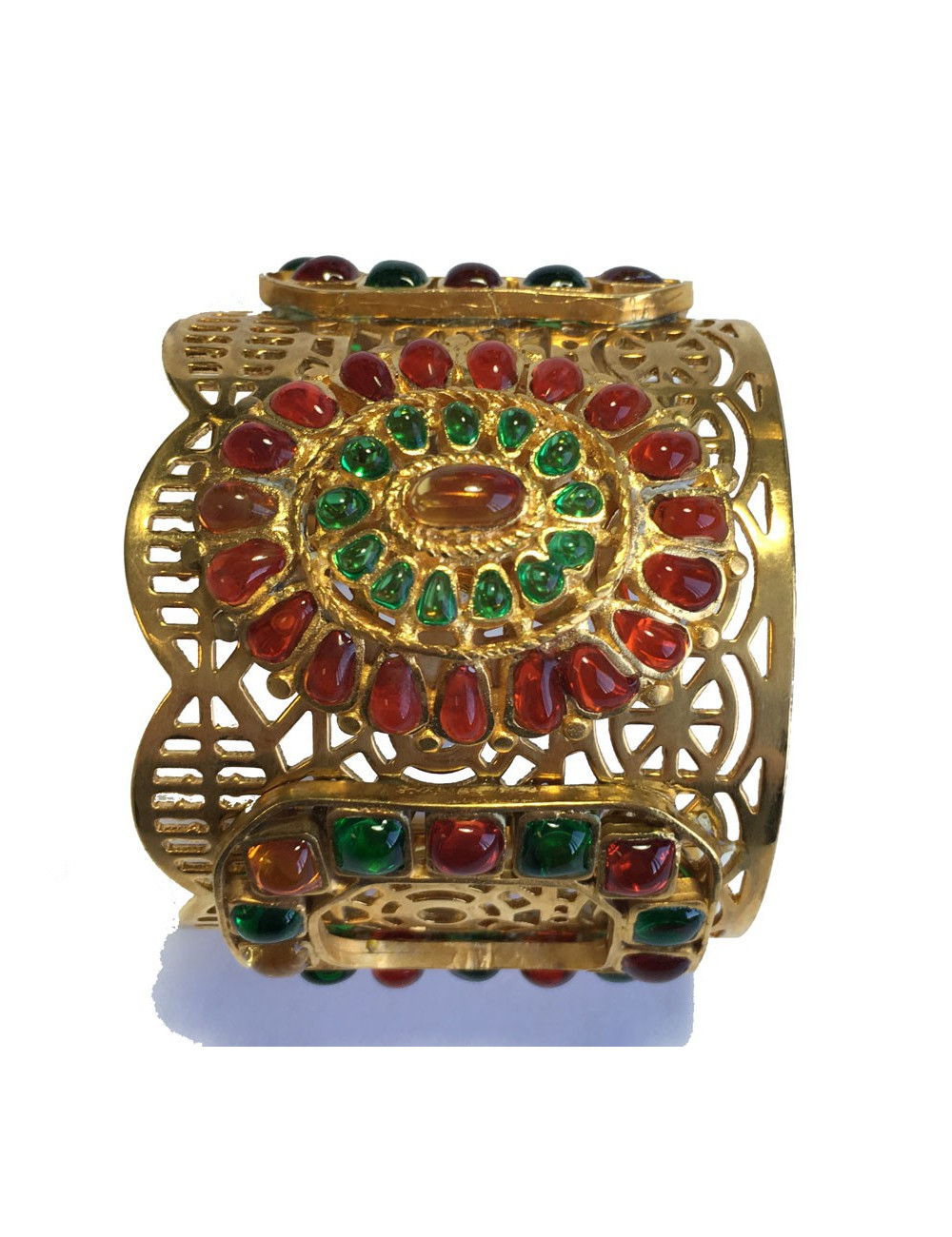 Manchette MARGUERITE de VALOIS byzantine en métal doré et pâte de verre multicolore