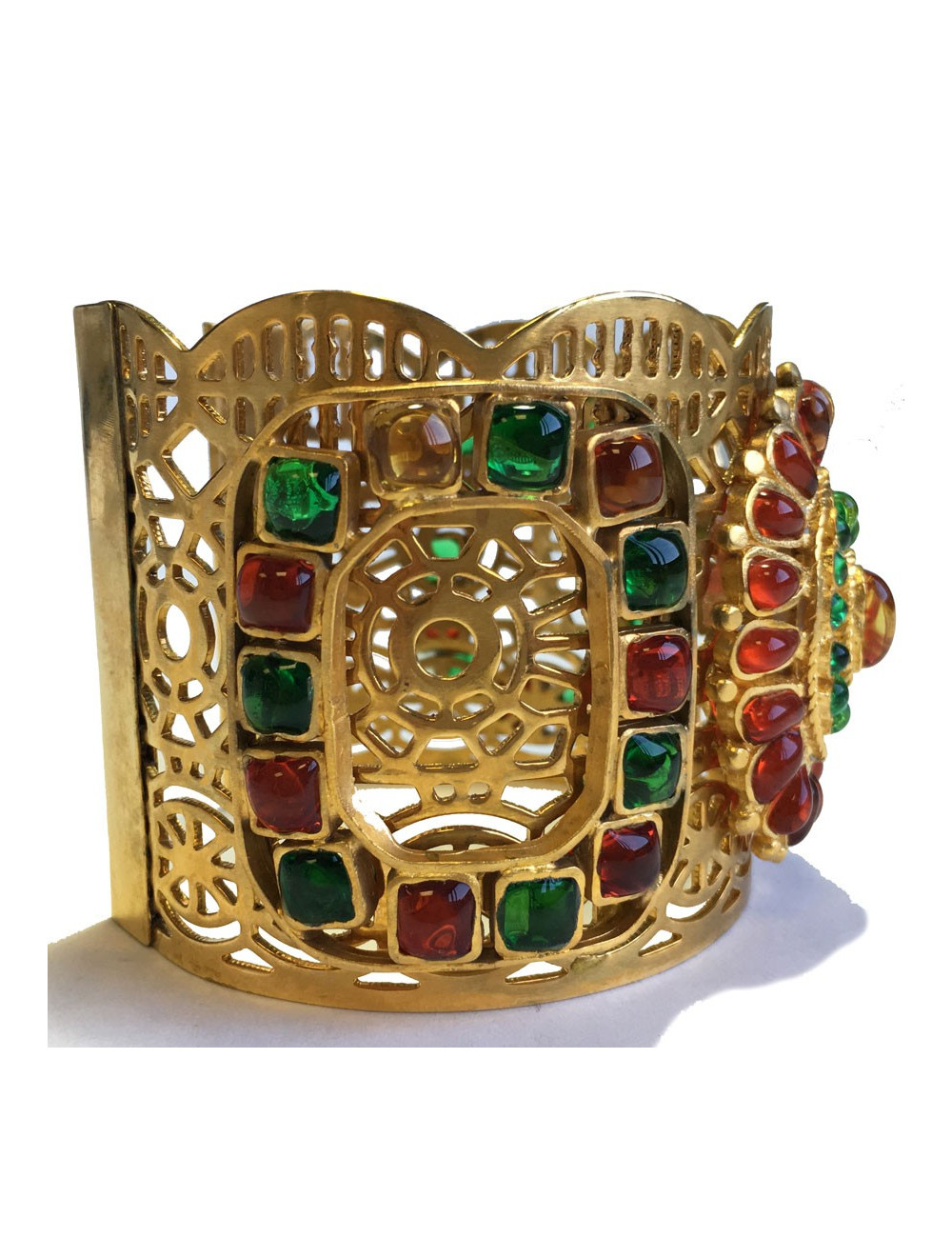 Manchette MARGUERITE de VALOIS byzantine en métal doré et pâte de verre multicolore