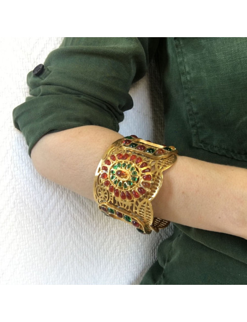 Manchette MARGUERITE de VALOIS byzantine en métal doré et pâte de verre multicolore