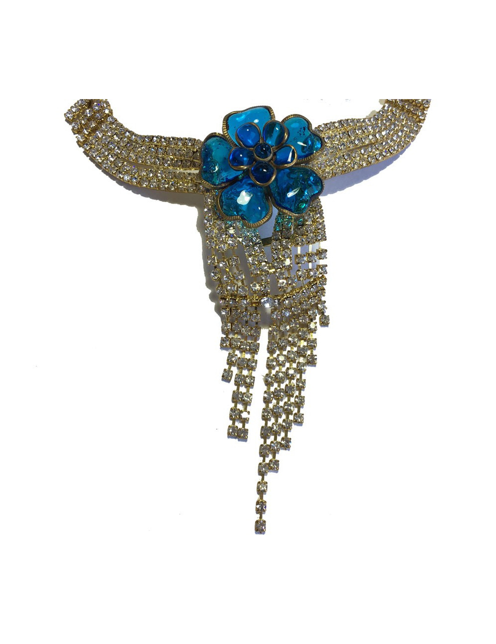 Collier ras de cou MARGUERITE de VALOIS fleur bleu saphir clair, strass et perles nacrées