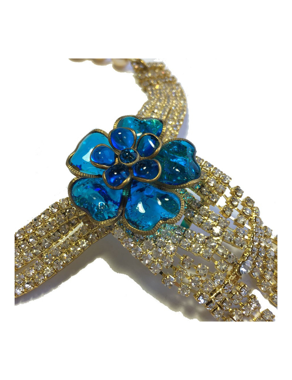 Collier ras de cou MARGUERITE de VALOIS fleur bleu saphir clair, strass et perles nacrées