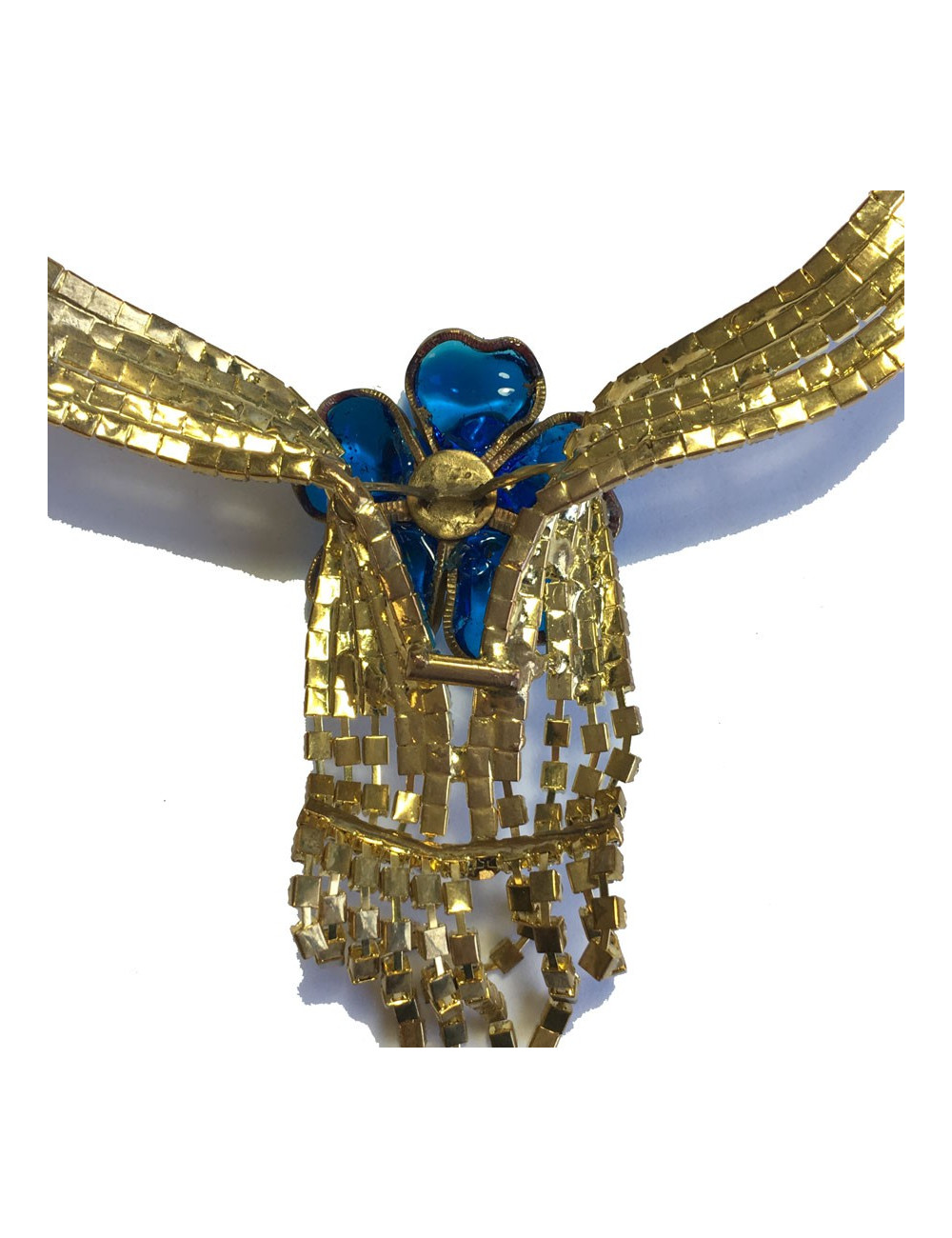 Collier ras de cou MARGUERITE de VALOIS fleur bleu saphir clair, strass et perles nacrées