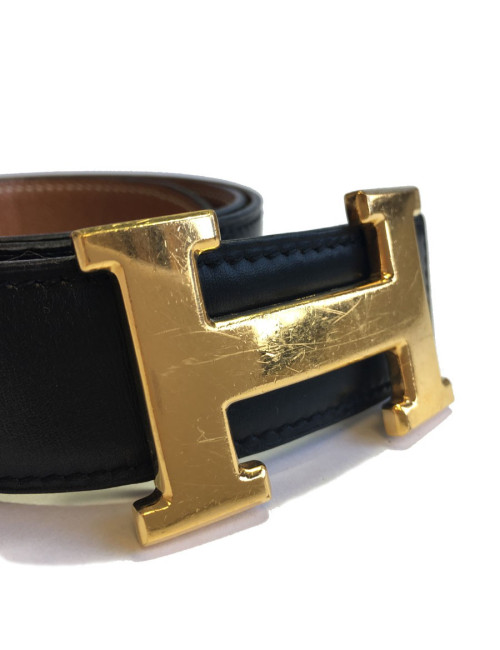 HERMES vintage H belt size 70 in black box leather and brown courchevel leather  