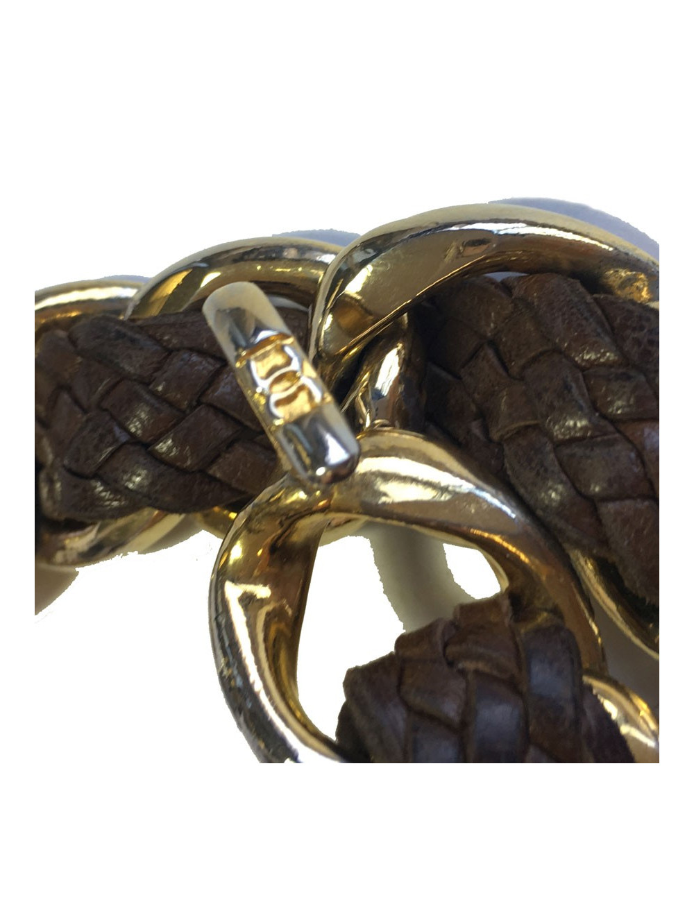 Ceinture CHANEL vintage en métal doré et cuir tressé marron