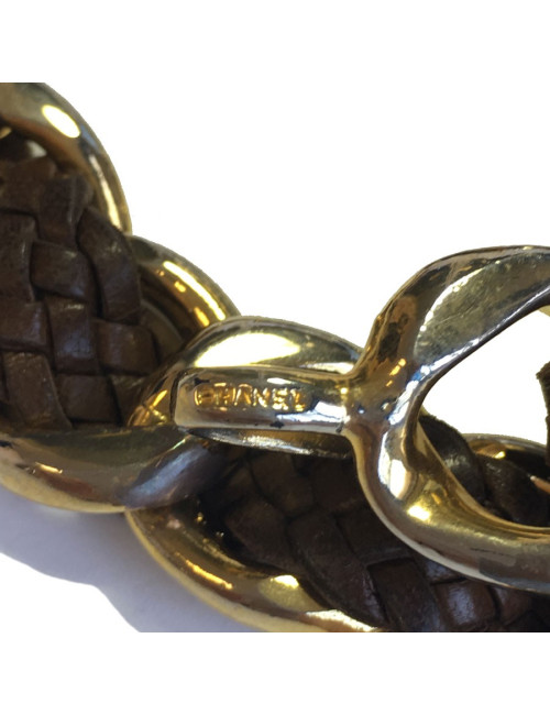Ceinture CHANEL vintage en métal doré et cuir tressé marron