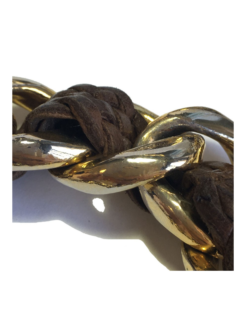 Ceinture CHANEL vintage en métal doré et cuir tressé marron