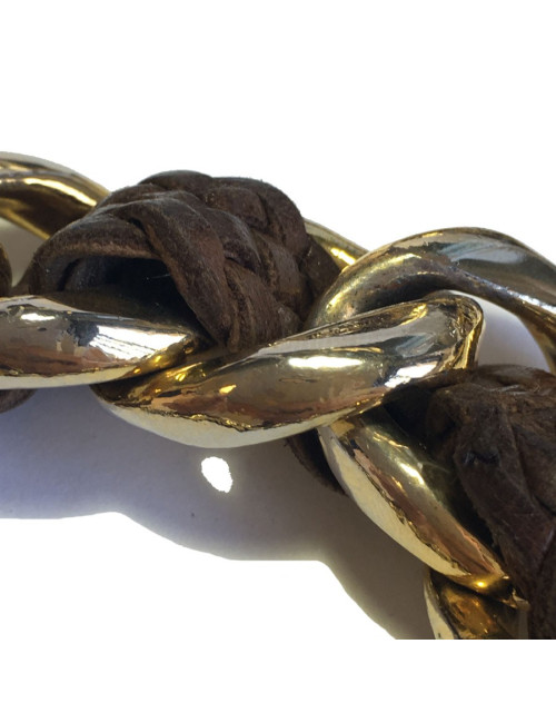 Ceinture CHANEL vintage en métal doré et cuir tressé marron