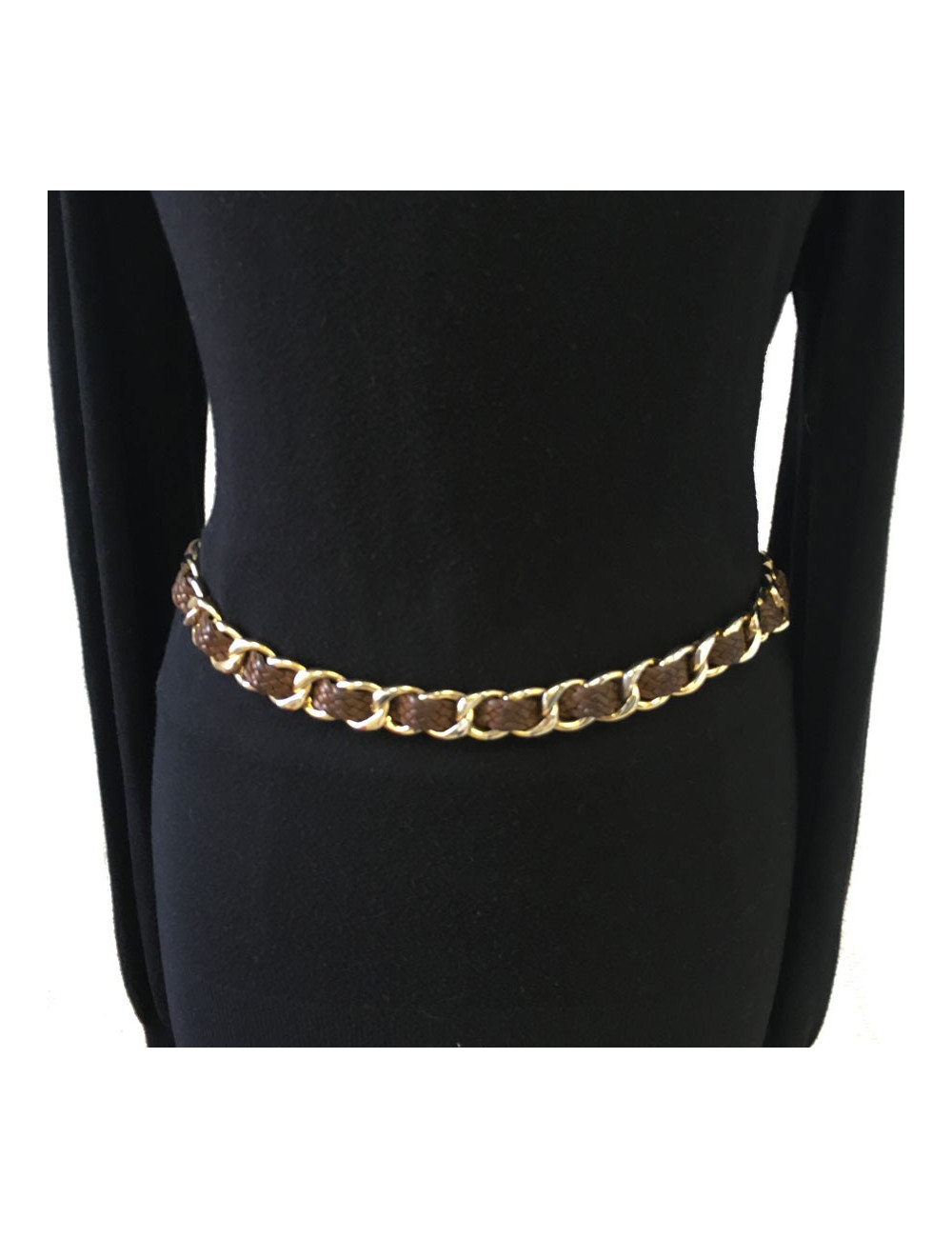 Ceinture CHANEL vintage en métal doré et cuir tressé marron