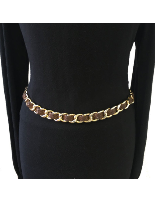 Ceinture CHANEL vintage en métal doré et cuir tressé marron