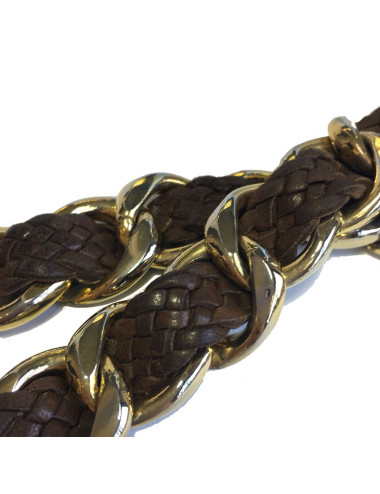 Ceinture CHANEL vintage en métal doré et cuir tressé marron 2