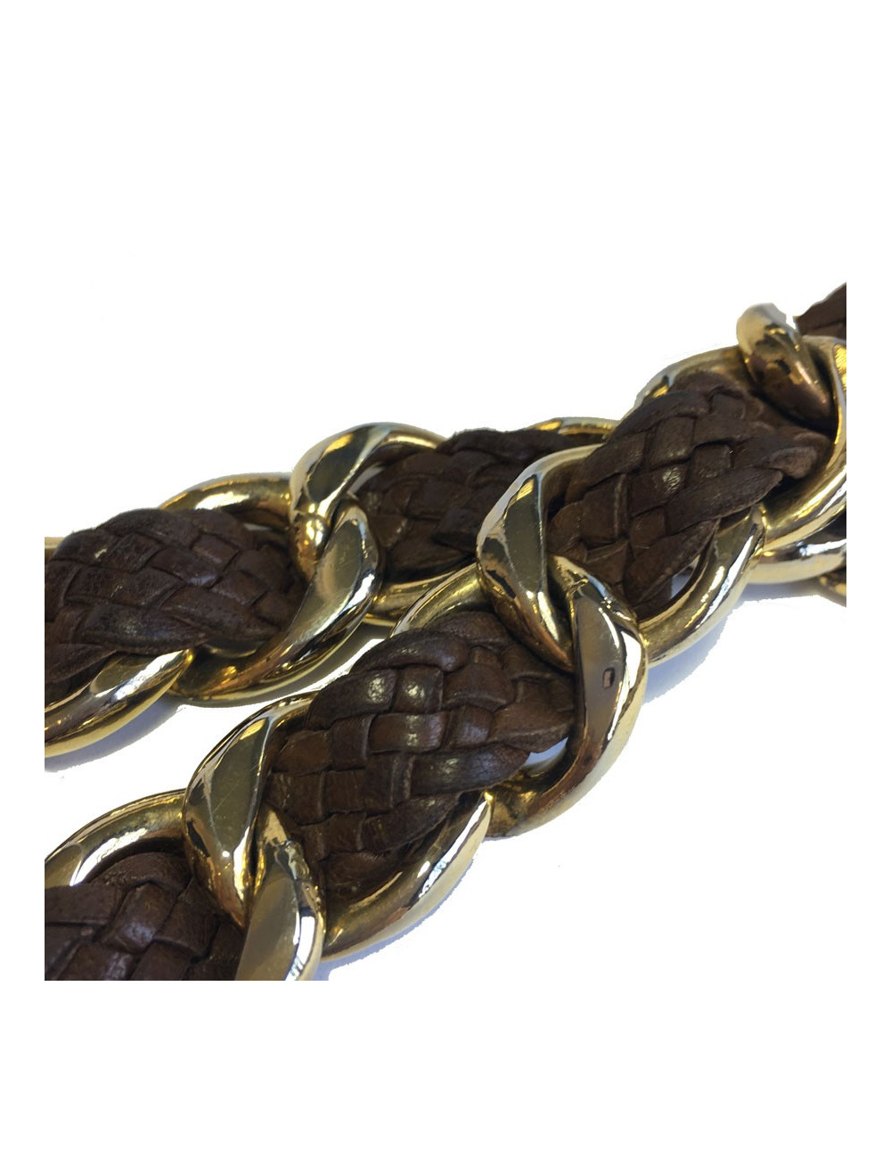 Ceinture CHANEL vintage en métal doré et cuir tressé marron