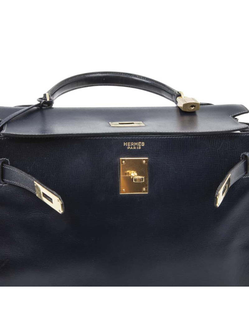 Sac Kelly 32 HERMES cuir box retourné bleu nuit