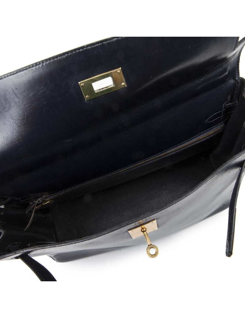 Sac Kelly 32 HERMES cuir box retourné bleu nuit