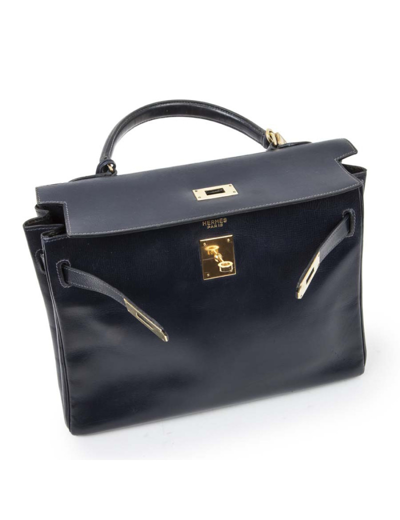 Sac Kelly 32 HERMES cuir box retourné bleu nuit