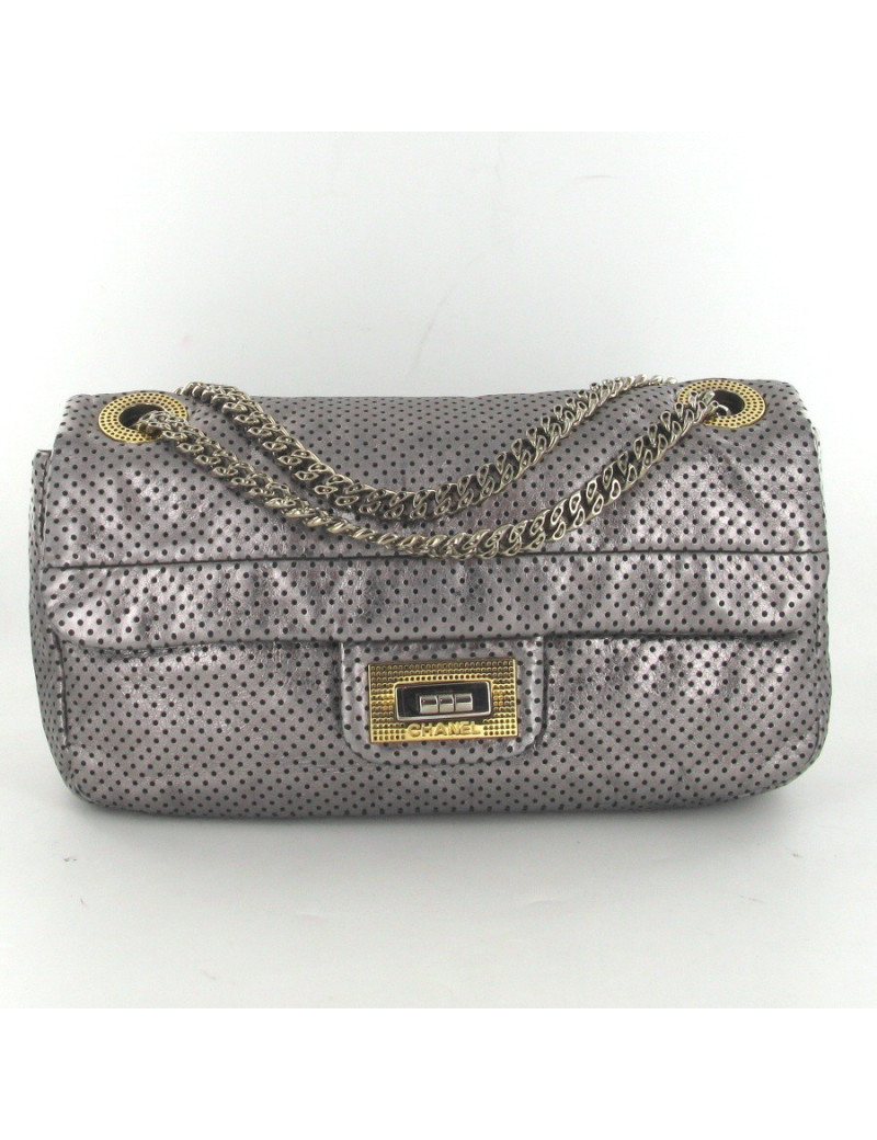 Sac CHANEL cuir perforé gris métallisé