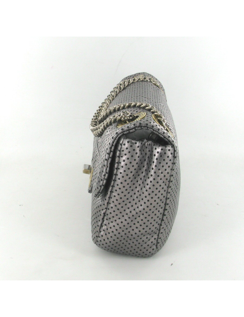 Sac CHANEL cuir perforé gris métallisé
