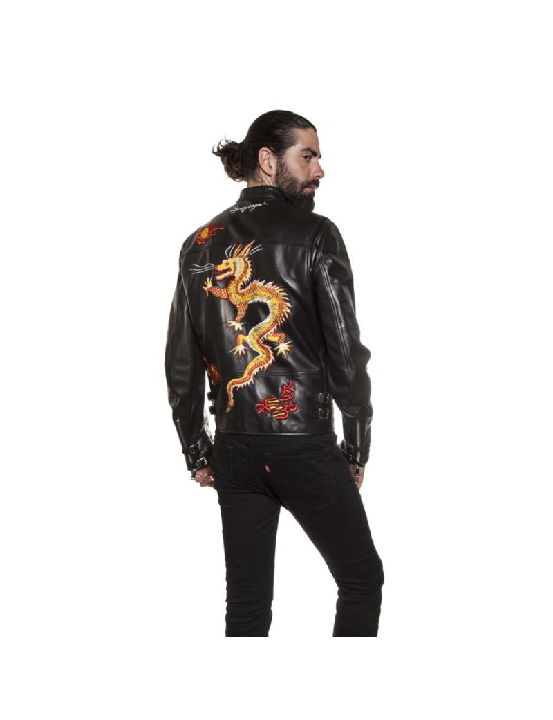Blouson VALENTINO cuir d'agneau lisse noir brodé "Funky dragon"