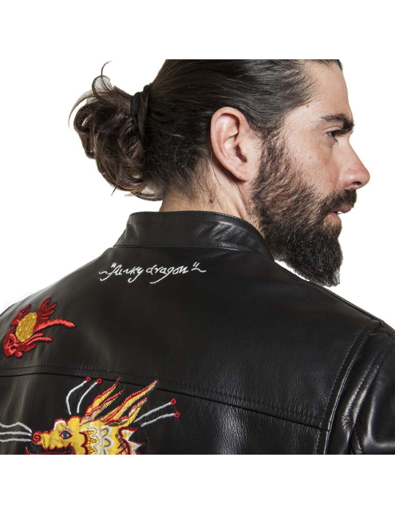 Blouson VALENTINO cuir d'agneau lisse noir brodé "Funky dragon"