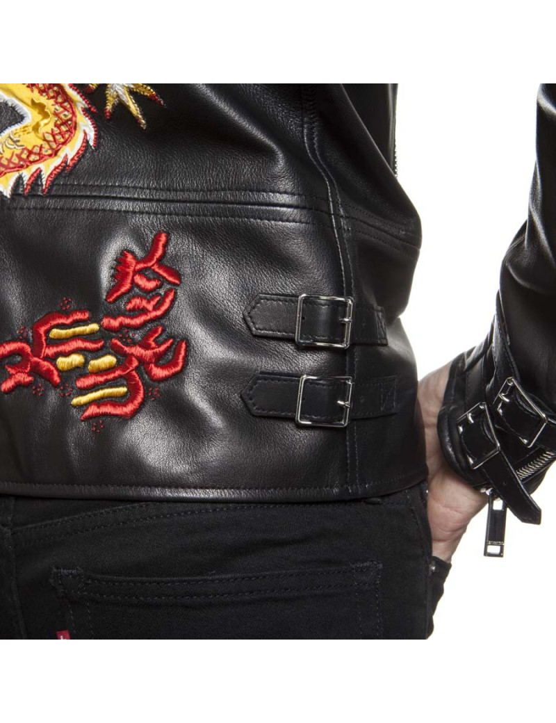 Blouson VALENTINO cuir d'agneau lisse noir brodé "Funky dragon"