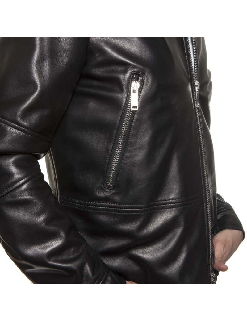 Blouson VALENTINO cuir d'agneau lisse noir brodé "Funky dragon"