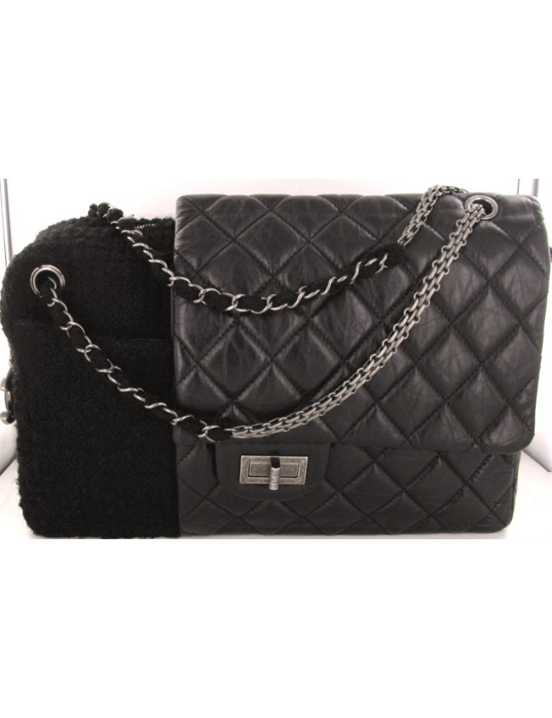 Sac CHANEL mi caméra en tweed noir mi 2.55 en cuir vieilli noir
