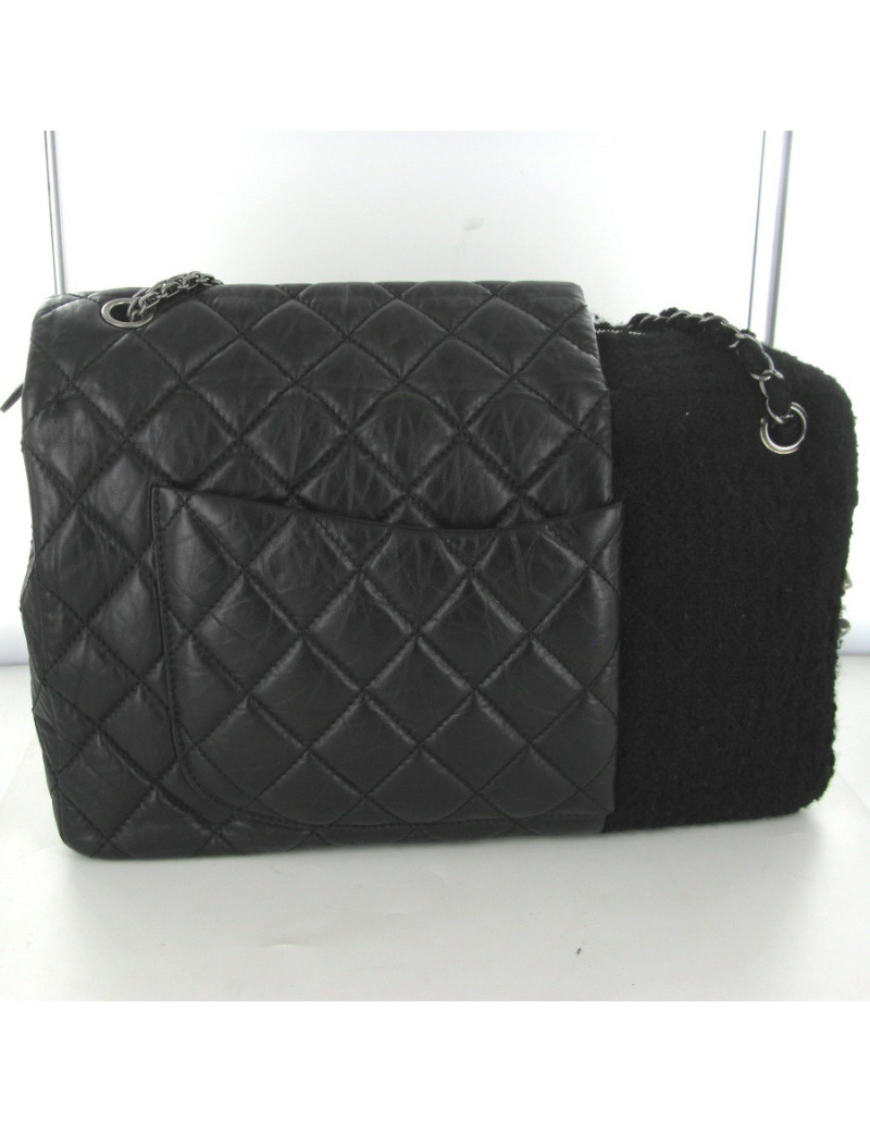 Sac CHANEL mi caméra en tweed noir mi 2.55 en cuir vieilli noir