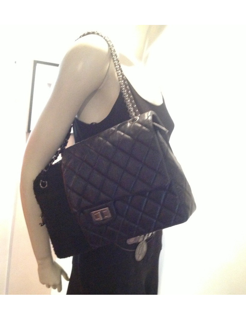 Sac CHANEL mi caméra en tweed noir mi 2.55 en cuir vieilli noir