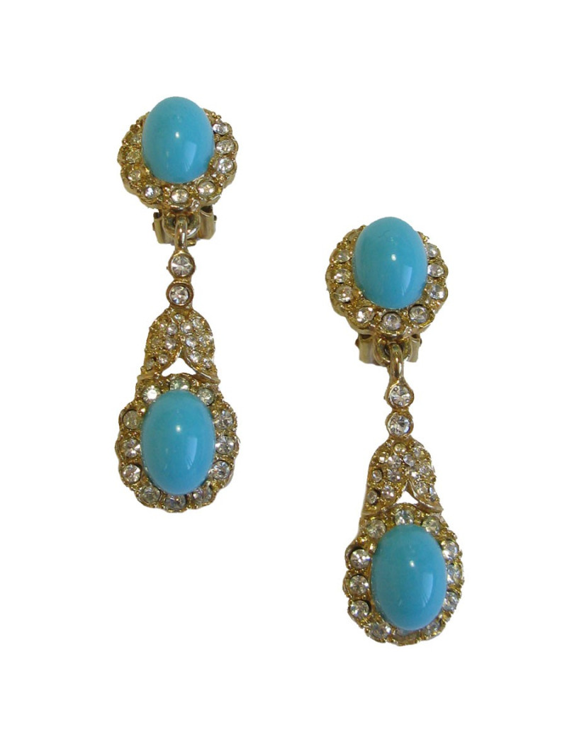 xxx Boucles d'oreille clips KENNETH JAY LANE en métal doré, strass et turquoise
