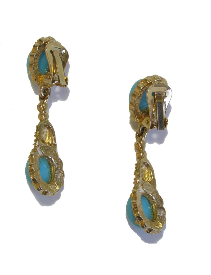 xxx Boucles d'oreille clips KENNETH JAY LANE en métal doré, strass et turquoise