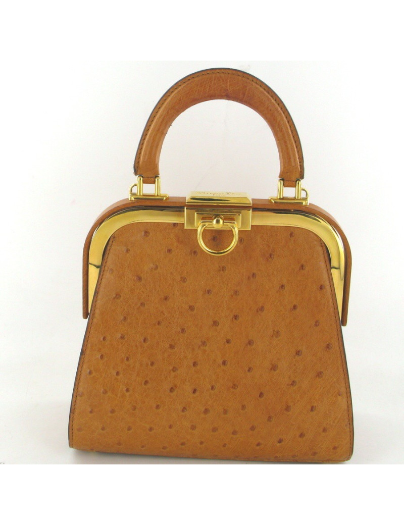 Sac CHRISTIAN DIOR en cuir d'autruche couleur camel