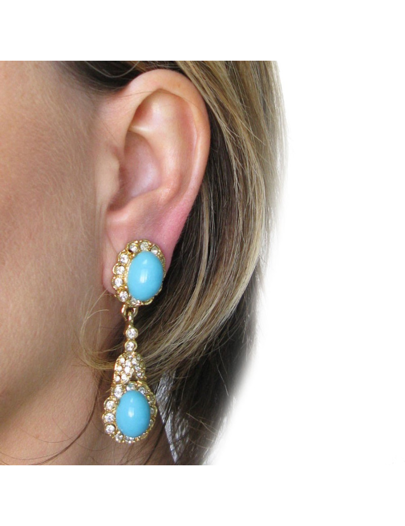 xxx Boucles d'oreille clips KENNETH JAY LANE en métal doré, strass et turquoise